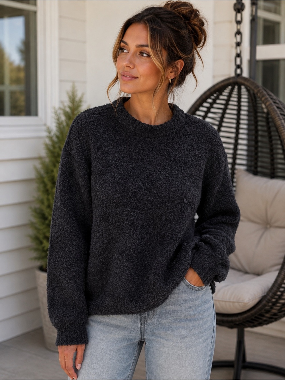 Free People Black Textured Crewneck Sweater
